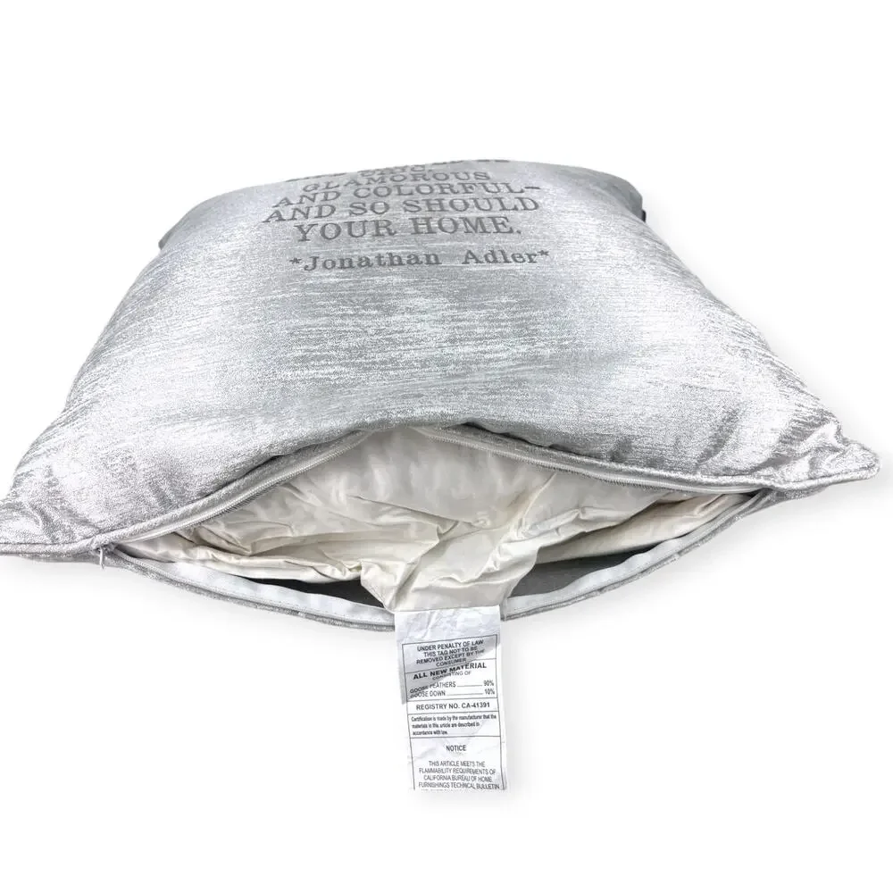 LUXURY Designer Johnathan Adler Throw Pillow Accent Embroidered Chic Silver 24